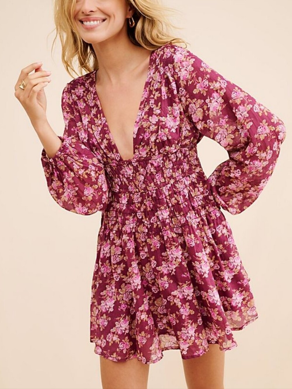 Free People Keep You Berry Red Floral Print Long Sleeve Smocked Mini Dress